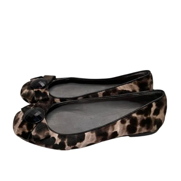 Stuart Weitzman Leopard Calf Hair Gemstone Bow Ballet Flats Brown Black 6.5M - Image 2