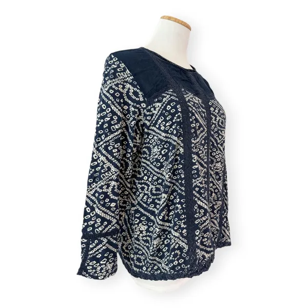 Lucky Brand | L | Navy Patterned Lace Accent Cotton Boho Peasant Shirt Top - Image 2