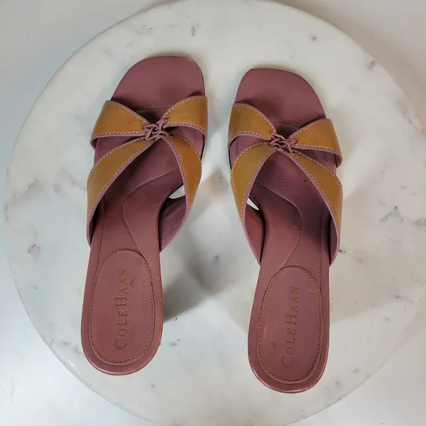 Cole Haan Womens Leather Slip On Heels 7B Tan Mauve Cross Straps Open Toe - Image 4