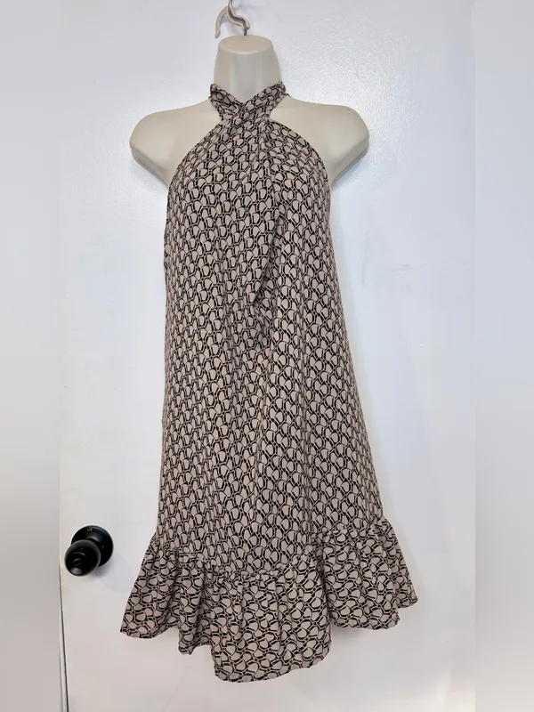 EMERY ROSE Size S Halter Mini Dress Beige Black Geometric Print Ruffle Hem - Image 2