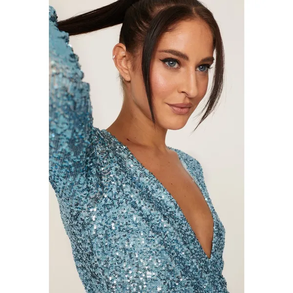 Show Me Your MuMu Party Hop Blue Sequined Long Sleeve Ruched Mini Dress Size M - Image 4