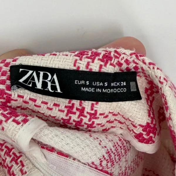 Zara Pink Cream Plaid Tweed Mini Skirt Womens Small Textured A-Line Zip‎ Back - Image 3