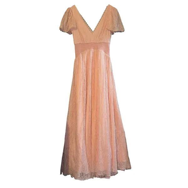 New‎ $595 ALICE & OLIVIA Charlsie Smocked Dress English Rose Pink Lace Long Sz 2 - Image 4