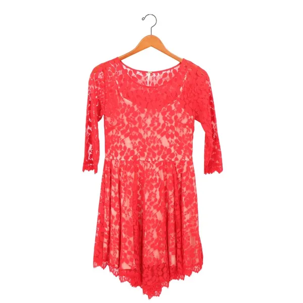 Free People Floral Mesh Lace Red Mini Dress Asymmetrical Hem 3/4 Sleeve 6 - Image 4