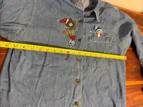 Vintage Christmas Toys Embroidered Denim Shirt Cottagecore Teacher Teddy Bear - Image 4