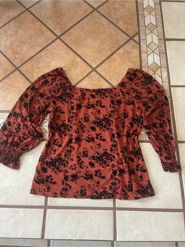 Siren Lily Rust Red Blouse with Black Floral Burnout - Image 2
