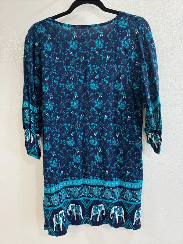 Blossom by P Blue Boho Floral Tunic Top Elephant Border Tassel Tie Size Medium M - Image 3