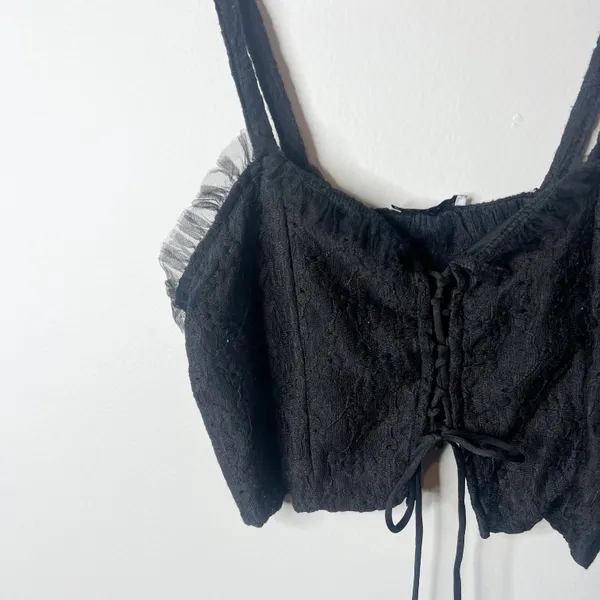 ZARA Tulle Lace Up Black Crop Tank Top - Image 3
