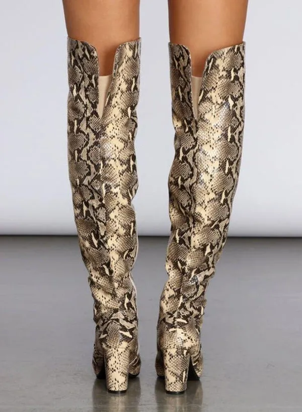 Thigh High Snakeskin Print Boots Women’s Size 6.5 EUC block heel almond toe - Image 4