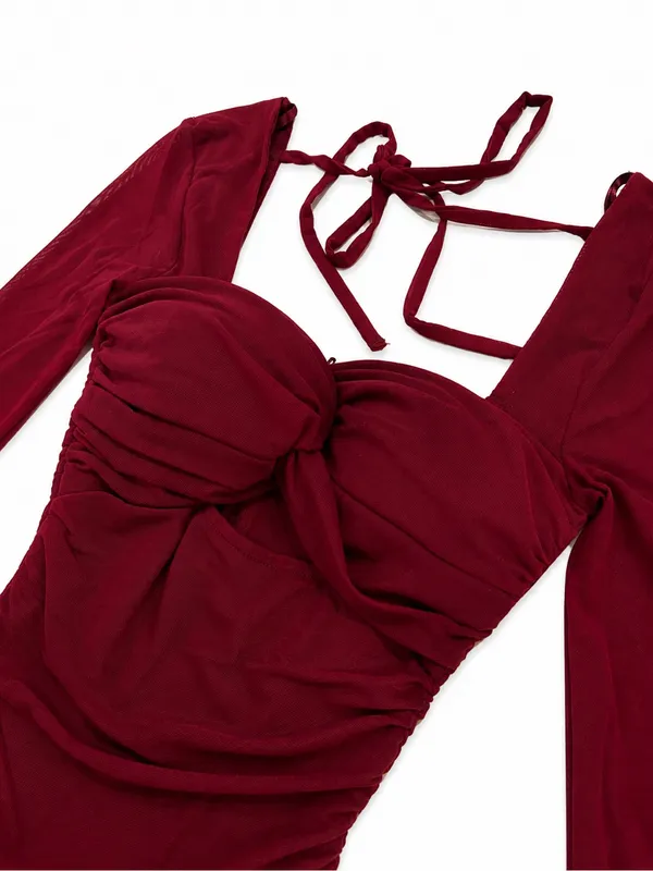 Burgundy Midi Dress Ruched Long-Sleeve | Windsor - Image 6