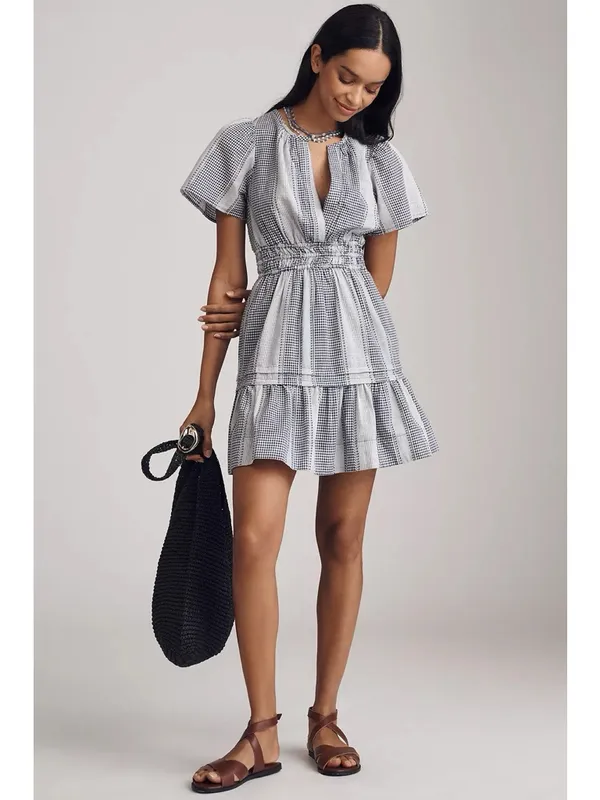 Anthropologie • The Somerset Gingham Mini Dress blue white checked cotton ruffle - Image 11