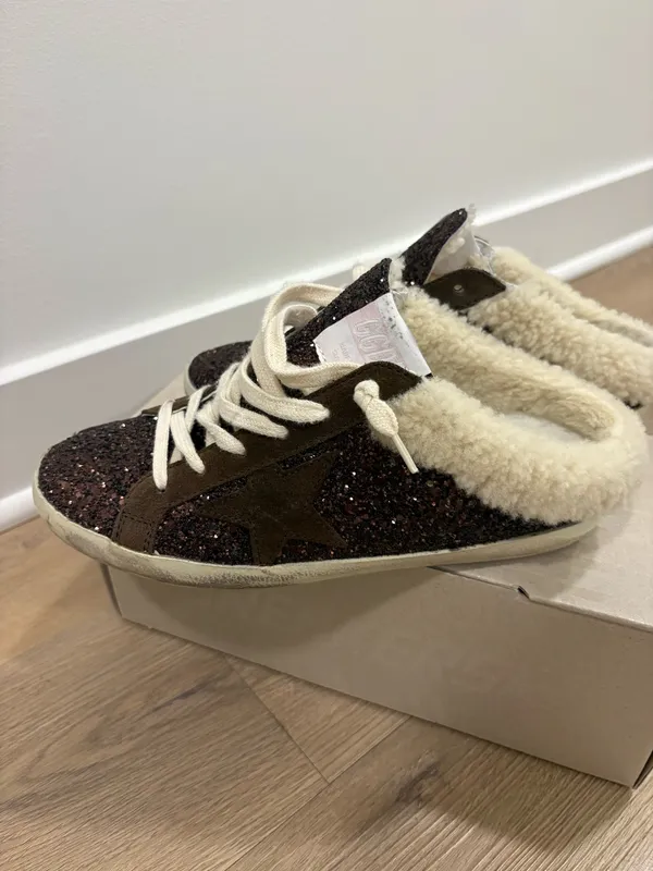 Golden Goose Super-Star Sabots in glitter with brown star and shearling lining - Image 7