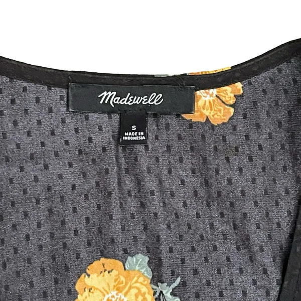 Madewell Bubble-Sleeve Black Wrap Top with Yellow Gold Floating Florets S - Image 11