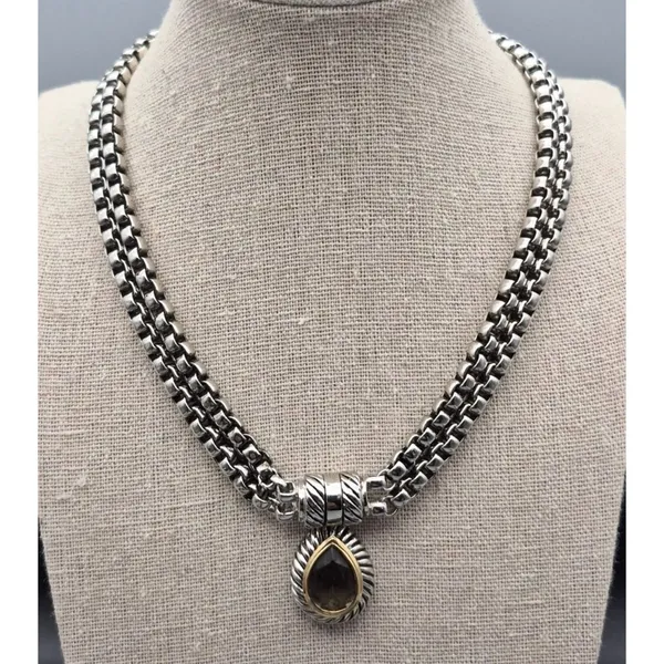 Choker Collar Pendant Necklace Silver Tone Double Box Chain Smokey Teardrop 16" - Image 5