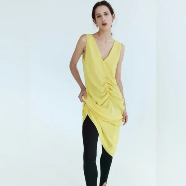 NWOT Zara Center Ruched Detail V-Neck Wide Straps Yellow Midi Dress Small - Image 5