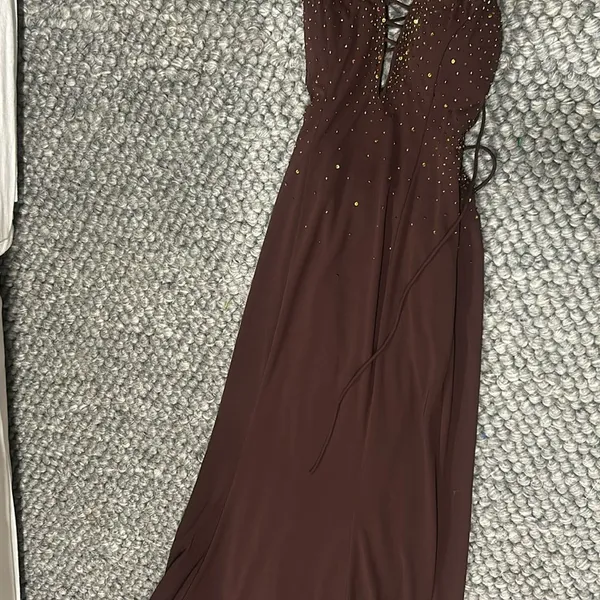 Cum Cum by Niki Livas Brown Satin Beaded Maxi Party Dress - Image 8