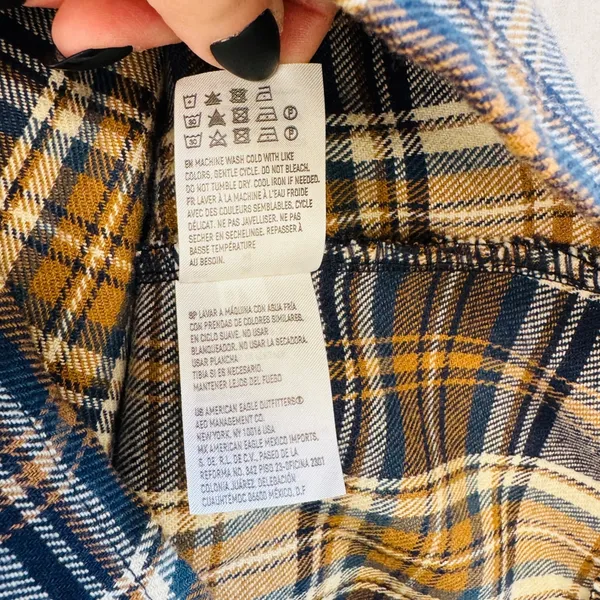 American Eagle Plaid Pinafore Dress Made‎ in Italy Brown Navy Sz M Pockets Mini - Image 5