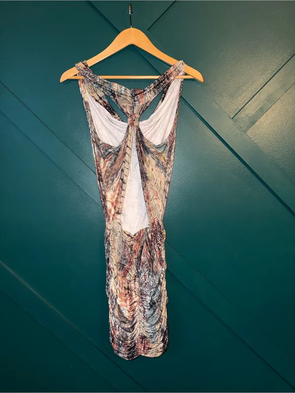Ruched Snake Print Open Back Bodycon Mini Dress Y2K Going Out Size P/S - Image 3