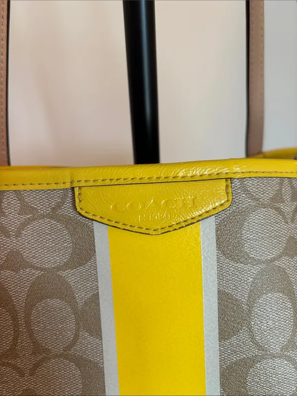 Coach Beige Signature Canvas Tote with Yellow Center Stripe and Tan Handles - Image 10
