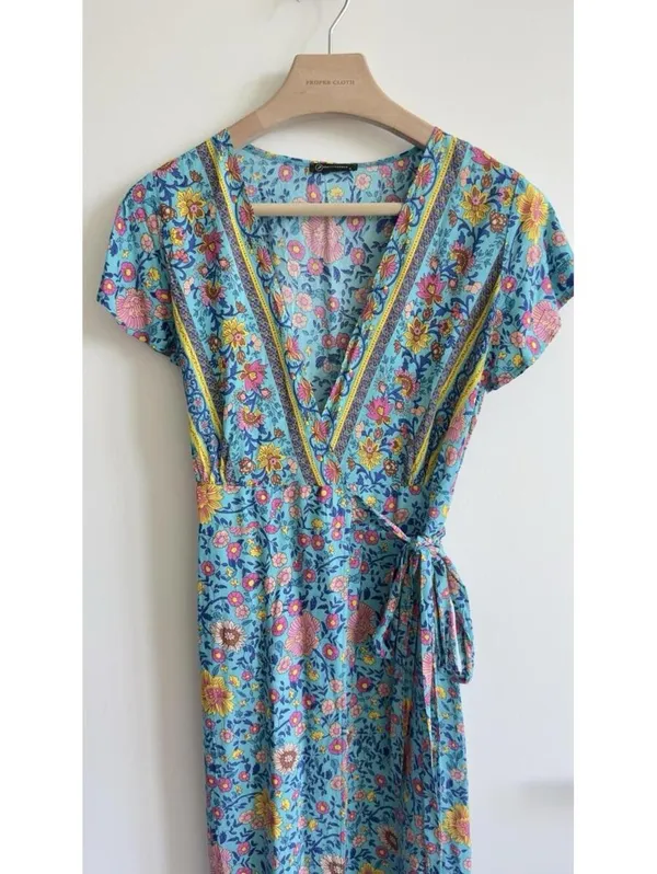 Prettygarden Floral Wrap Maxi Dress Blue Boho V Neck Short Sleeve Size S - Image 4