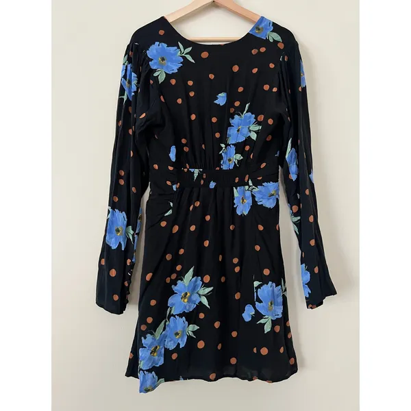 Free People‎ Date Night Mini Women's Dress A-Line Black Dot Floral Medium Boho - Image 5
