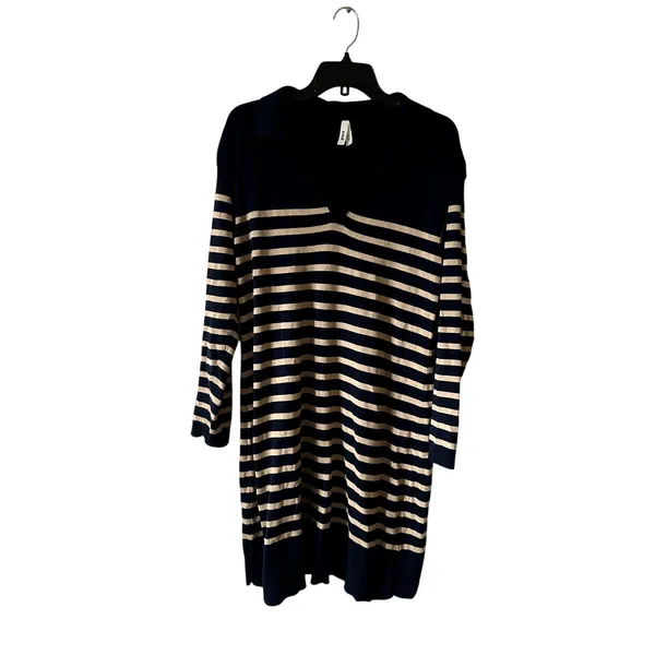 Pact Classic Fine Knit Collared Striped Mini Sweater Dress Size M Blue Beige - Image 3