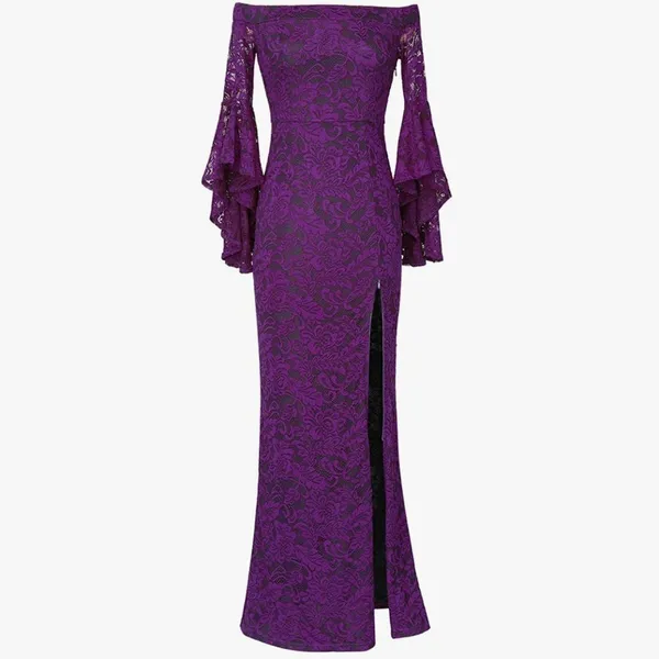 Purple Lace Off Shoulder Ruffle‎ Bell Sleeve Formal Dress Sz XS - Image 2