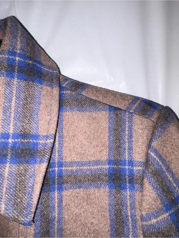 Rouge Par Womens Plaid Wool Blend Coat Sz Medium Blue Brown Buttons Belted Lined - Image 3