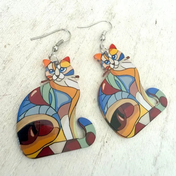 Colorful Stained Glass Style Cat Dangle Earrings - Image 6