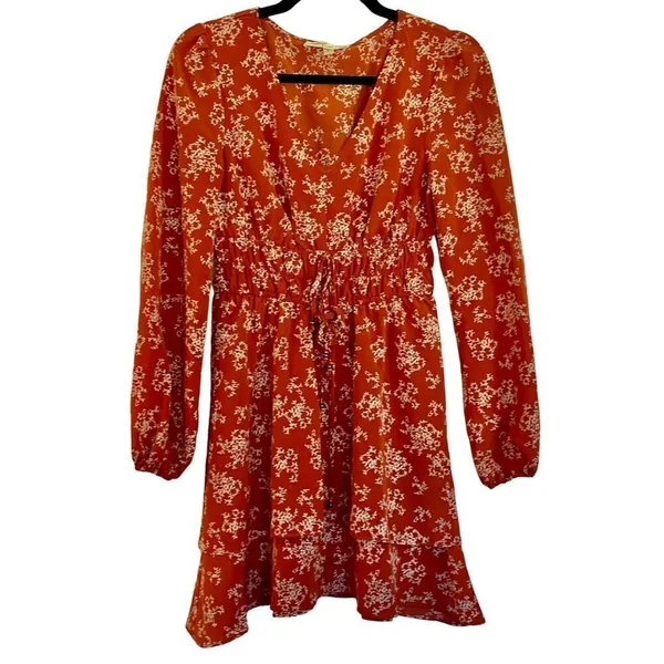 Bebop orange floral vneck ruffle skirt dress size small - Image 2