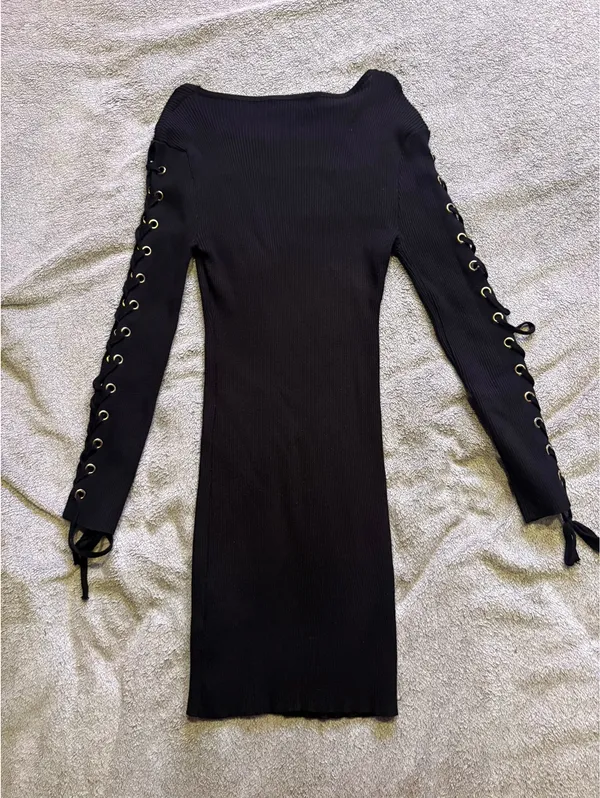 Ribbed Lace-Up Long Sleeve Dress - Image 7