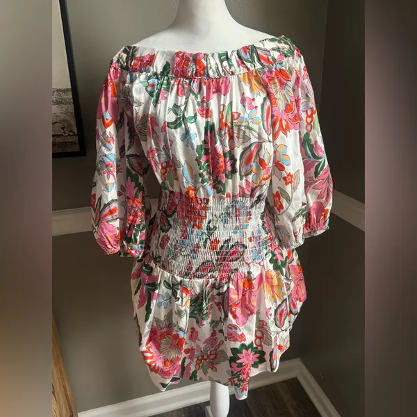 NEW MISA Los Angeles‎ Marta Floral Off-Shoulder Smocked Mini Dress Medium - Image 2