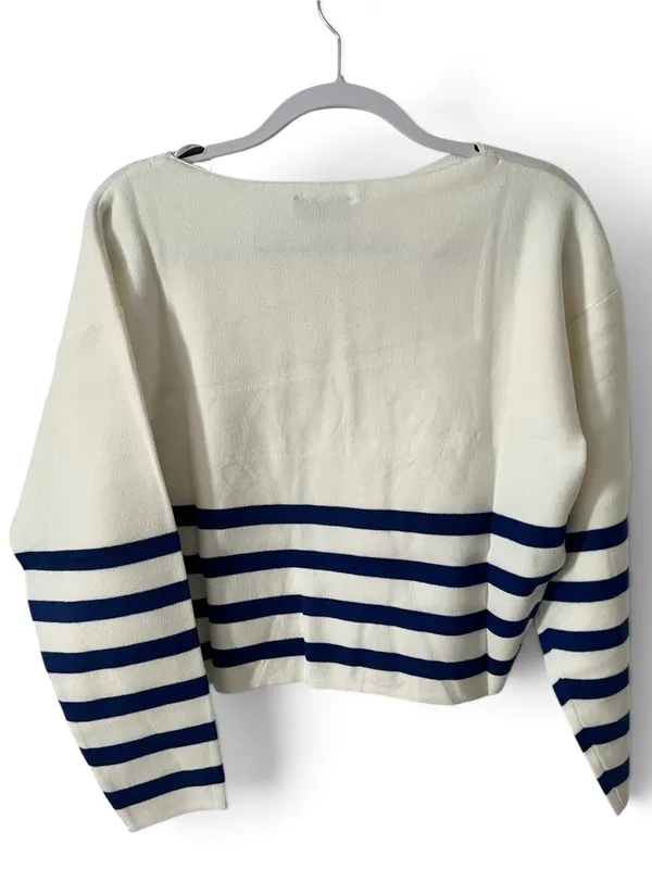 Zenana Longsleeve Cream and Navy Striped Boatneck Sweater - Image 3