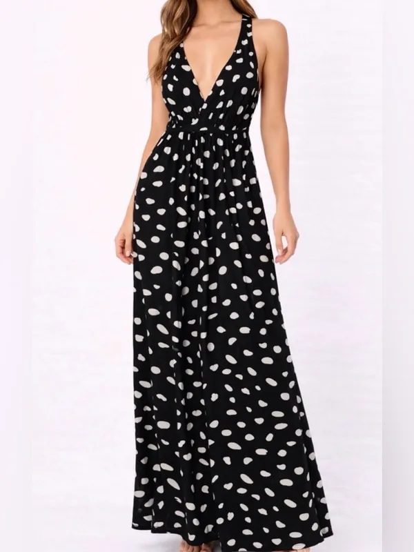 GB Black & White Polka Dot Maxi women’s size XS Dress Deep V Open Back(E47)✨ - Image 2