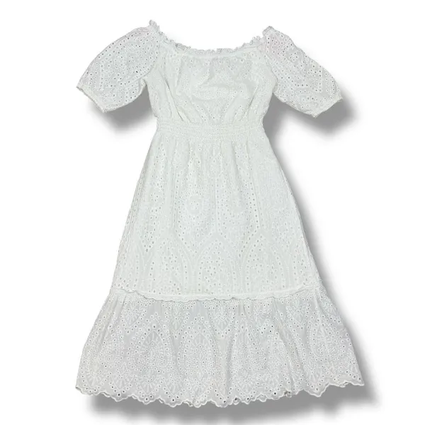 Betsey Johnson Eyelet Off The‎ Shoulder Smocked Waist Midi Dress White Large - Image 14