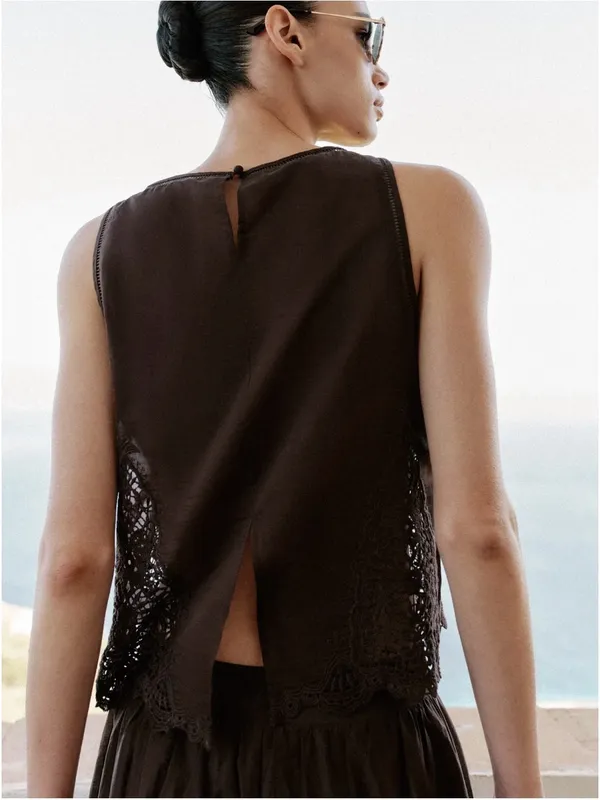 NWT Zara Brown Sleeveless Lace Trim Top - Image 3