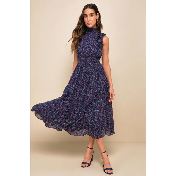 Lulus Evalina Navy Blue Floral Print Mock Neck Sleeveless Ruffle Midi Dress - Image 3