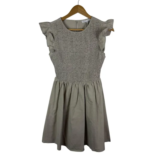 NWT English Factory Smocked Ruffle Sleeve Dress Sz XS Beige Fit‎ & Flare Neutral - Image 2