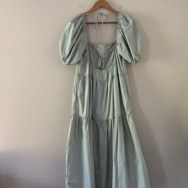 ASTR The Label llana Midi Dress Puff Sleeve Tiered‎ Skirt Tie Back Light Green M - Image 8
