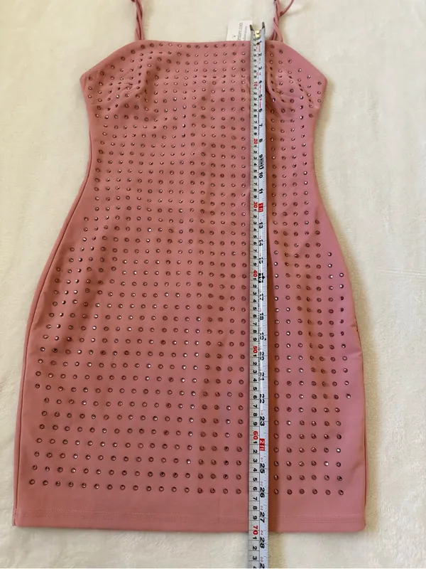 Windsor Pink Rhinestone Bodycon Mini Dress S Y2K Party Cocktail Spaghetti Strap - Image 9