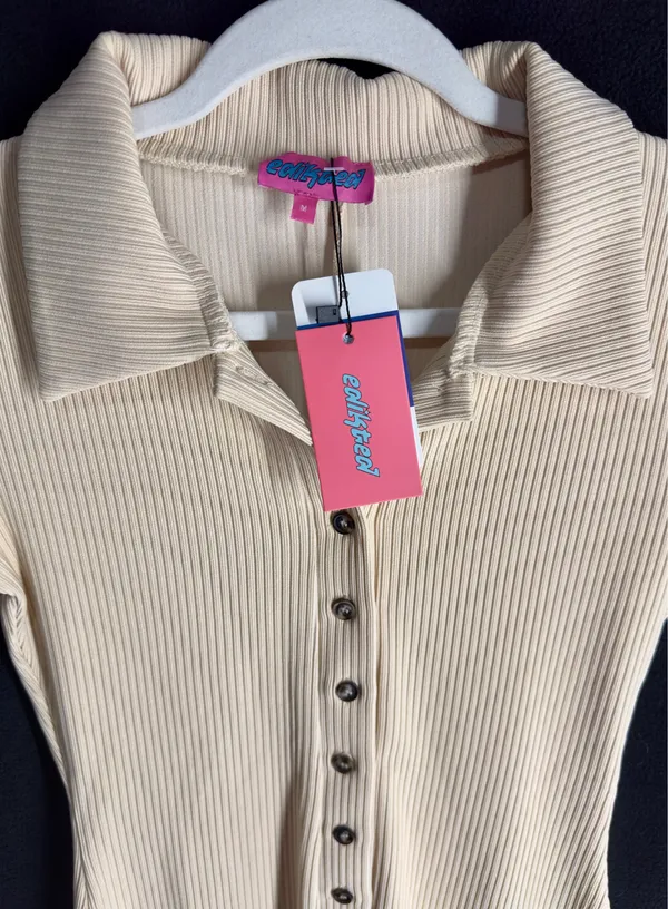 Edikted Button-Up Romper Jumpsuit Beige - Image 3