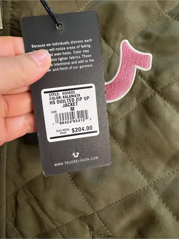 True Religion‎ Olive Quilted Puffer Jacket with Pink Logo Patch - Image 3