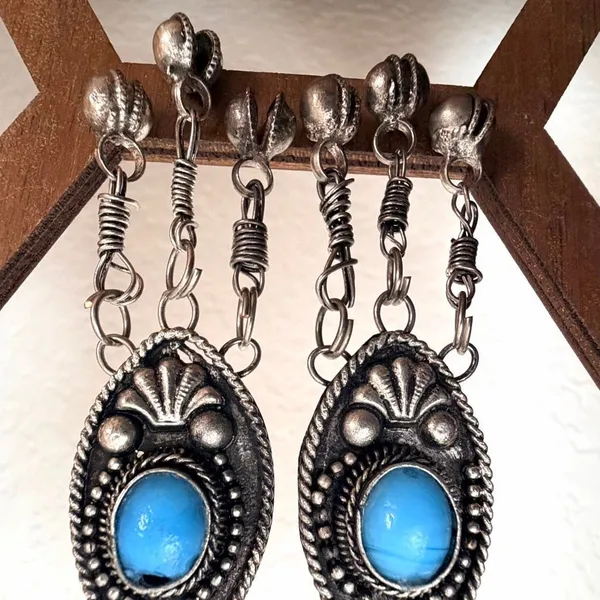 Vintage Tibetan Style Faux Turquoise Dangle Earrings Silver Tone Boho Festival E - Image 4