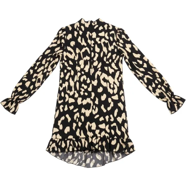 YOZY Women Leopard Print Mock Neck Ruched Ruffle Mini Dress Black Cream Small - Image 2