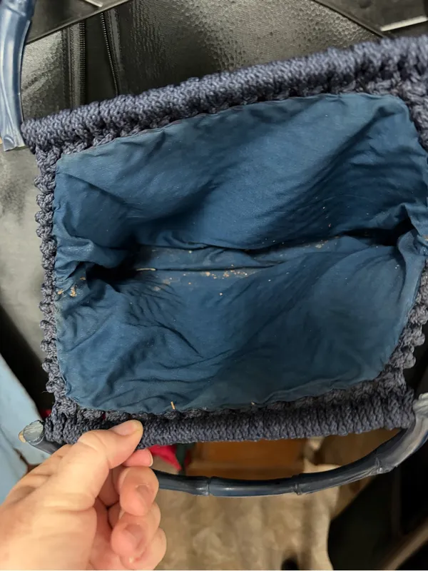 Vintage Navy Heavy Macrame Navy 2-Handled Shoulder Bag/Purse Open Top - Image 5