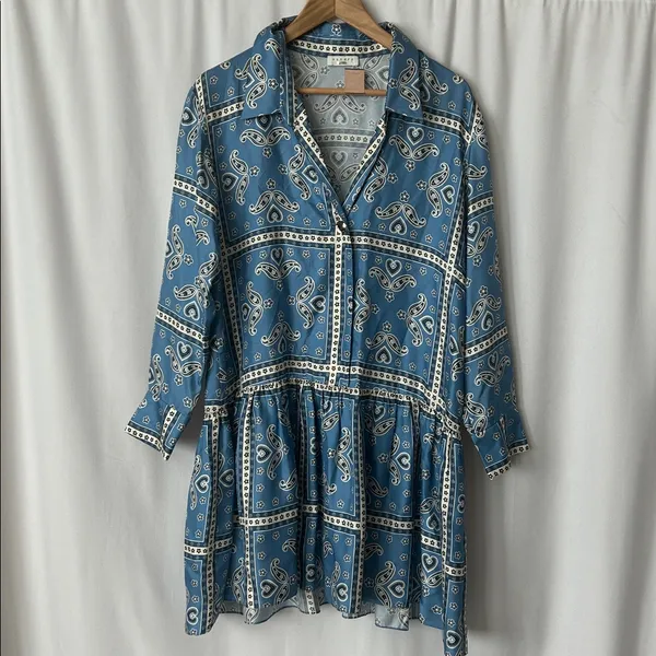 Sandro Blue Paisley Long Sleeve Collared Chloe Silk Mini Dress **Size 40/US 8** - Image 4