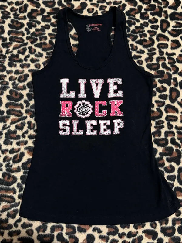 2000s vintage style bedazzled bling fitted tank top LIVE ROCK SLEEP graphic tank - Image 2
