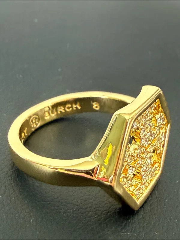 Tory Burch | Gold Pavé Logo Hexagon Ring | Size 8 - Image 2