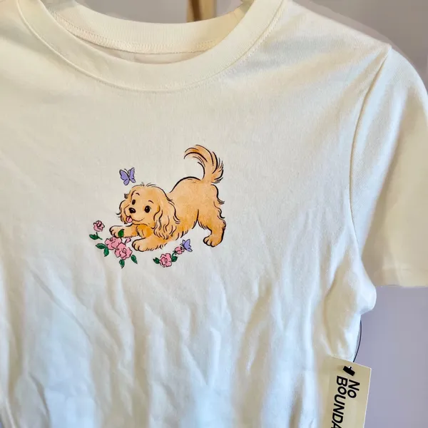 No Boundaries Womens Puppy‎ Graphic Baby Tee Cream White Ribbed Crop Top Size M - Image 2