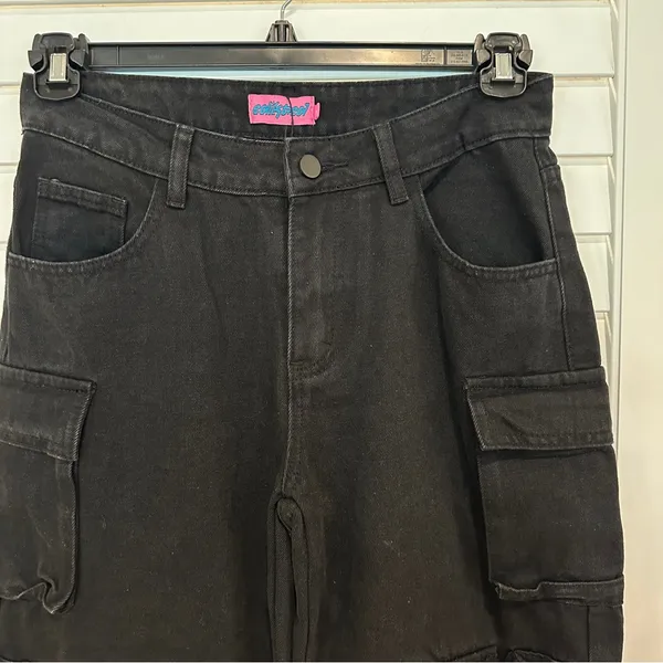 New Edikted Wide Leg Jeans Sz S Oversized Boyfriend Cargo Black Mid-rise Y2K - Image 2